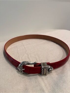 Brighton Red Leather Belt with Decorative Silver Buckle